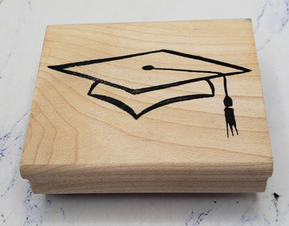 Graduation Flat Cap School Education Deyami Design Wood Mounted Stamp